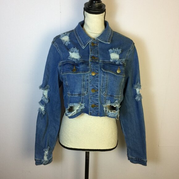 NWT Fashion Nova All Torn Up Crop Denim Jacket Size L Womans Blue Jean Med Wash - Picture 1 of 15